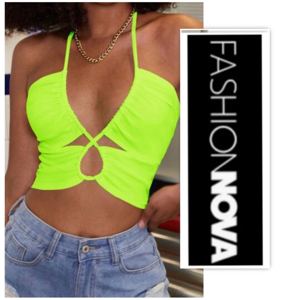 Fashion Nova Lime Green Criss Cross Front Halter Top